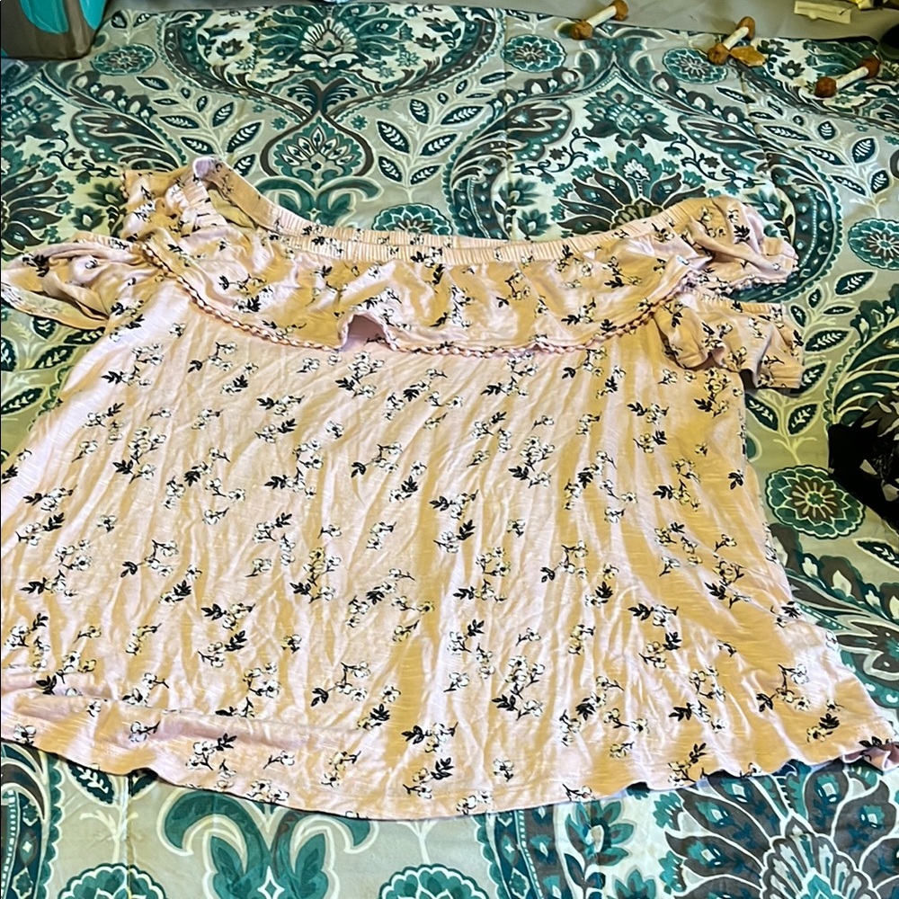 Lane Bryant pink and floral Ruffled Short Sleeve off the shoulder with peekaboo